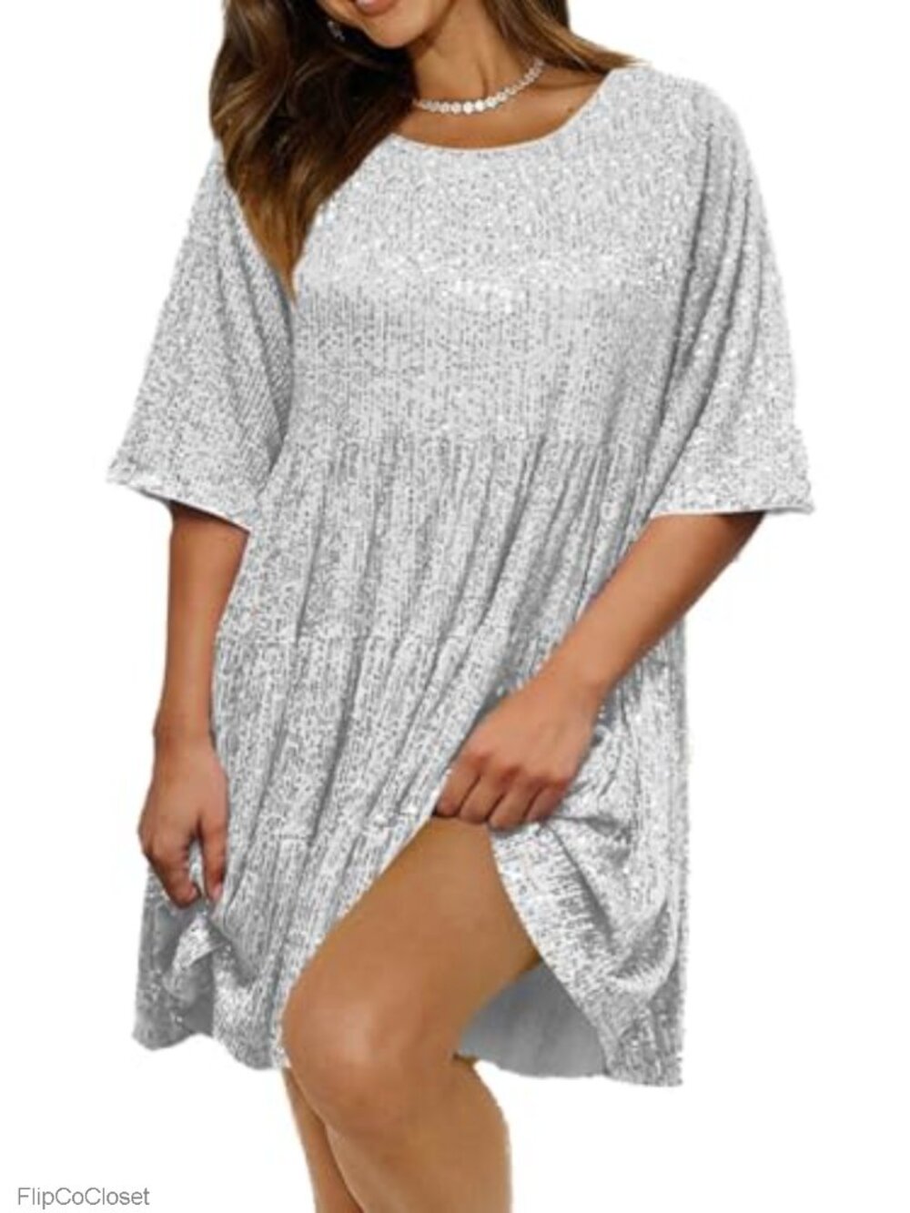 Sequined Babydoll Dress Sparkly Glitter Short Flowy Tiered Shift Cocktail Party